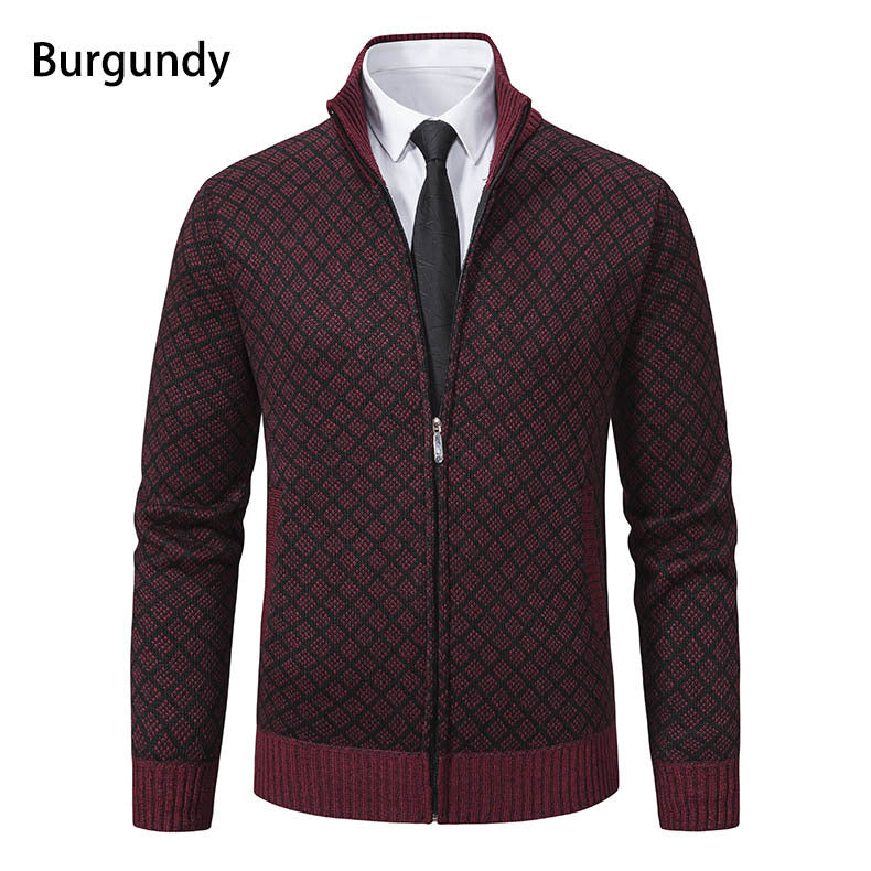 Velvet thickened casual stand up collar hooded zipper knitted jacket