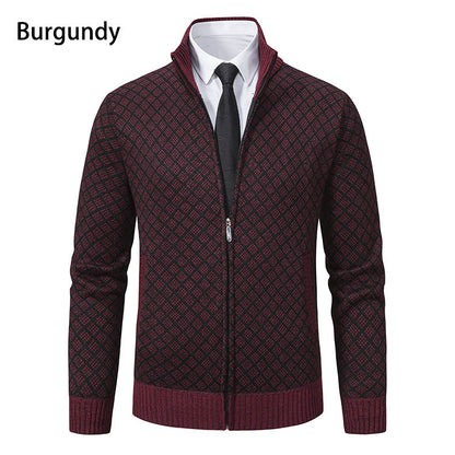 Velvet thickened casual stand up collar hooded zipper knitted jacket