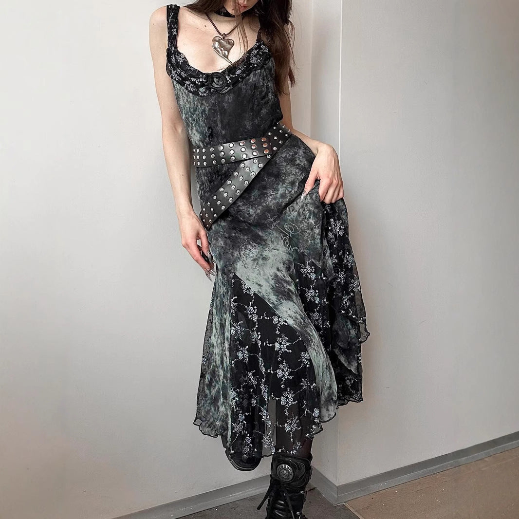 Gotische vintage tie-dye jurk met bloemenprint ruches en onregelmatige zoom