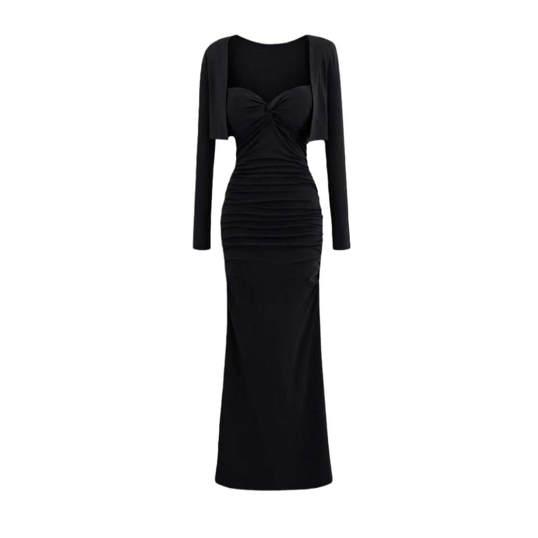 Vintage Sexy Knot Pleated Long Dress Design Slim Fit Bodycon Padded Dress with Cardigan Two-Piece Set