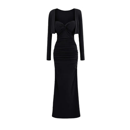Vintage Sexy Knot Pleated Long Dress Design Slim Fit Bodycon Padded Dress with Cardigan Two-Piece Set