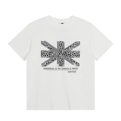 Leopard Print Union Jack Pattern Short Sleeve T-Shirt Retro Loose Fashion Unisex Top