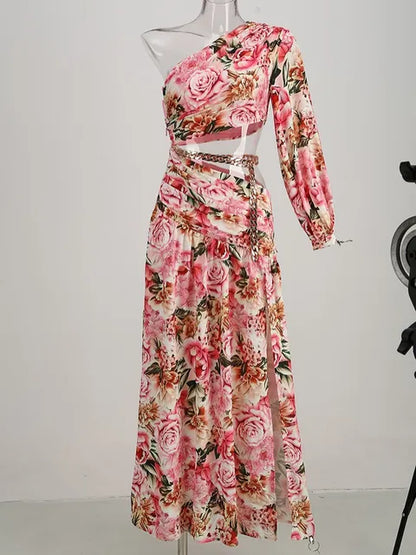 Summer Floral Print One Shoulder Maxi Dress Sexy Diagonal Neck Long Sleeve Hollow Out Chain Split Long Dress Evening Party Dress