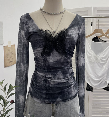 Lace butterfly V-neck top