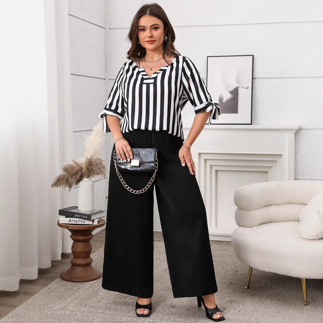 Fashionable Plus Size Loose Casual Striped Top and Wide Leg Pants Set