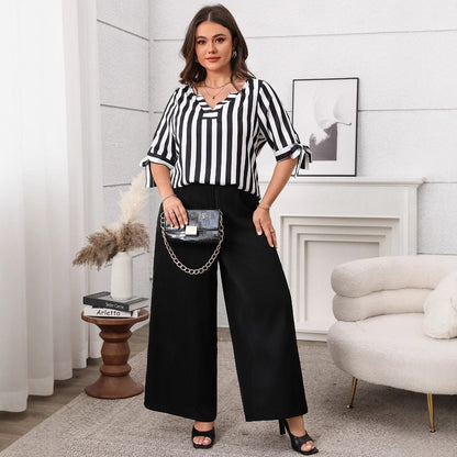 Fashionable Plus Size Loose Casual Striped Top and Wide Leg Pants Set