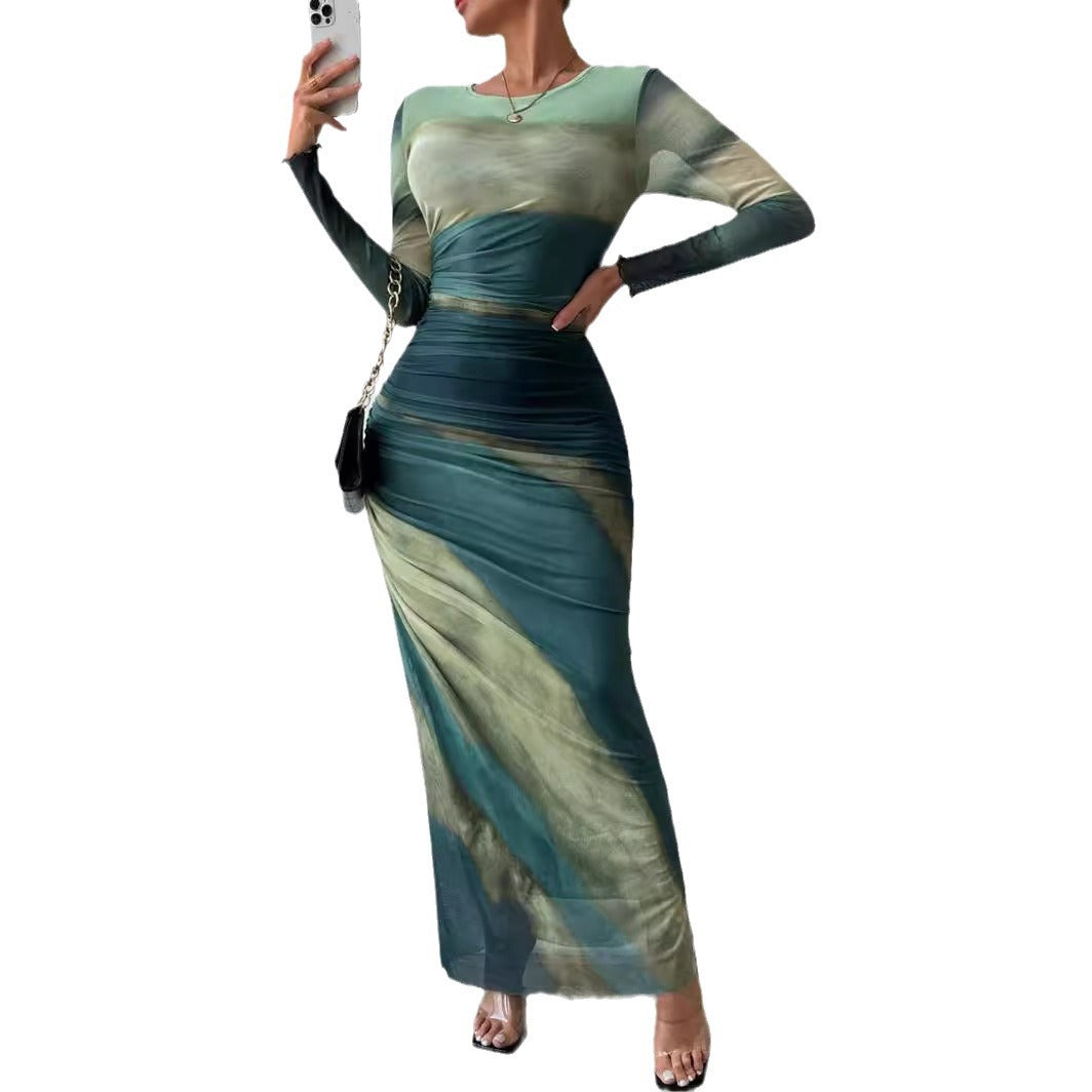 Mesh Print Sleeveless Ruffled Detail Bodycon Round Neck Dress