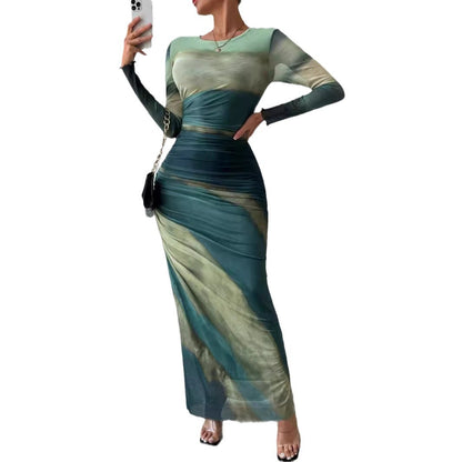 Mesh Print Sleeveless Ruffled Detail Bodycon Round Neck Dress
