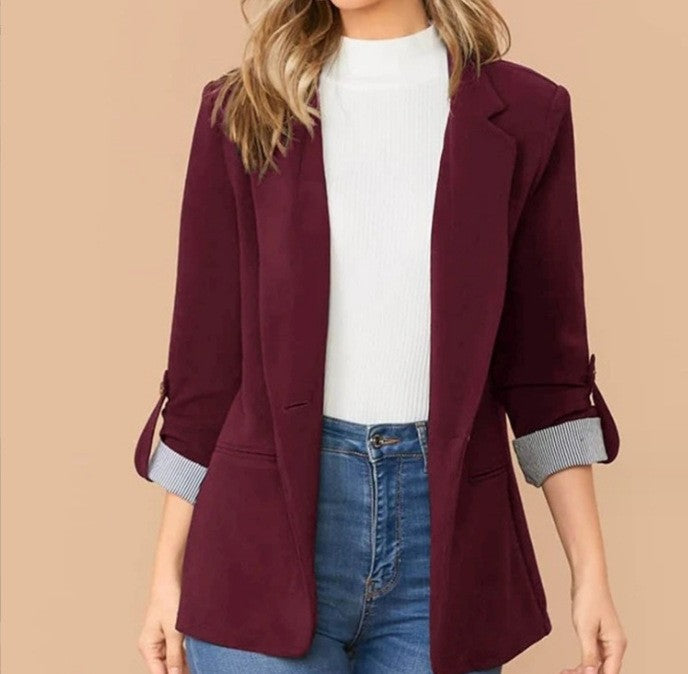 Fashionable Patchwork Notch Lapel Slim Fit Cardigan Suit Coat for Women Autumn Winter Season