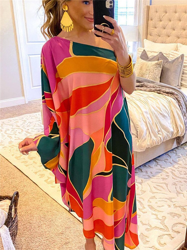 Sexy One Shoulder Midi Dress Women Summer Clothes Boho Print Street Wear Club Party Dresses Beach Holiday Sundresses New