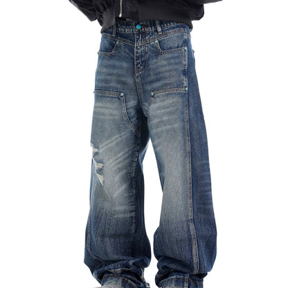 Style Unisex Water-Washed Ripple Distressed Blue Denim Pants, Patchwork Straight Leg Casual Jeans