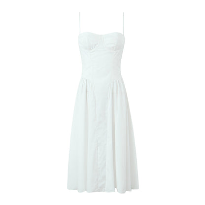 Summer European and American fashion square neck three-dimensional steel ring waist cinched pleated dress