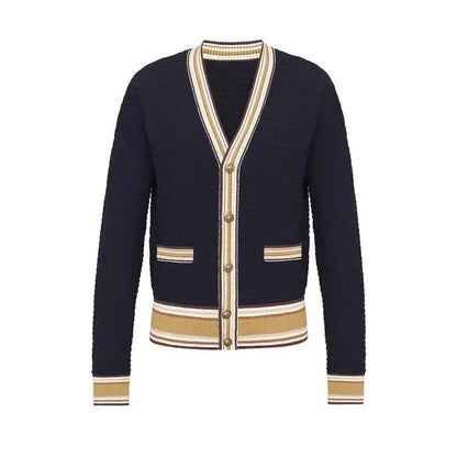 Stylish Striped Knit Sweater Cardigan Women Autumn Winter Long Sleeve V-neck Tops Single-breasted Fashion Vintage Jumpers