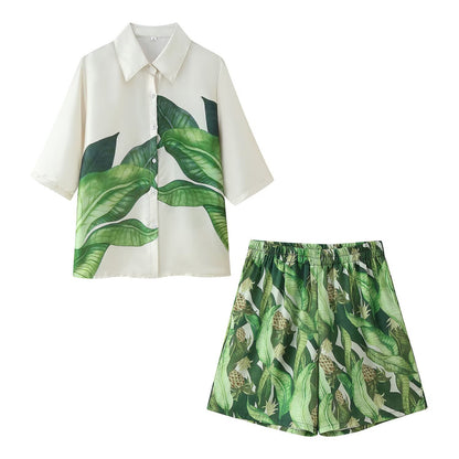 Women's Clothing Notched Collar Short Sleeve Satin Printed Shirt + Satin Printed Shorts Set