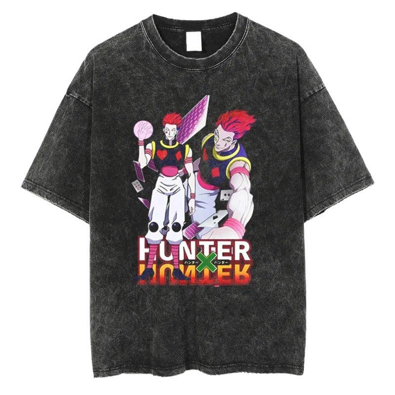 Summer New Fullmetal Alchemist Anime Print T-Shirt Summer Cotton Washed Vintage Distressed Short Sleeve Crew Neck