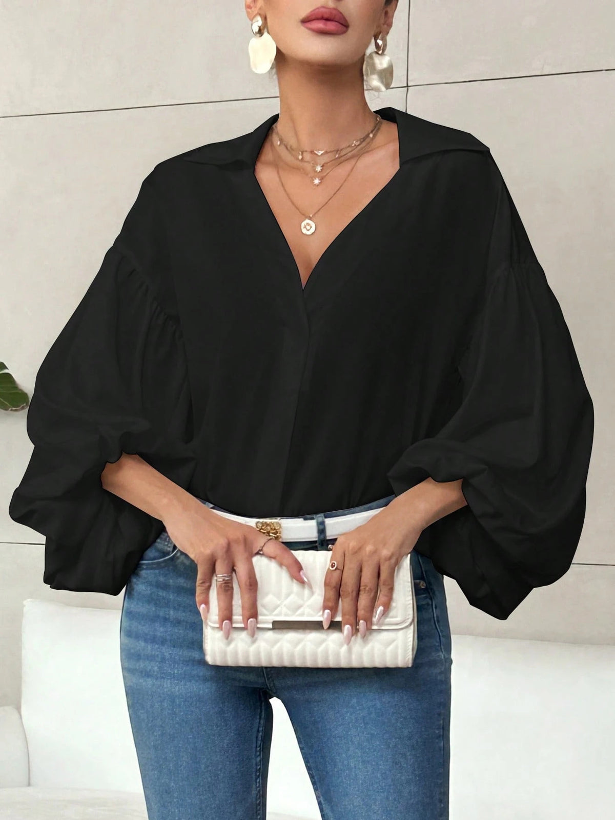 Polka Dot Half-Open Neck Loose Bubble Sleeve Long Sleeve Top