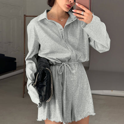 Sports Style Long Sleeve Top and Shorts Set for Women, Design Sense Casual Leisure Anti-Striped Jumpsuit