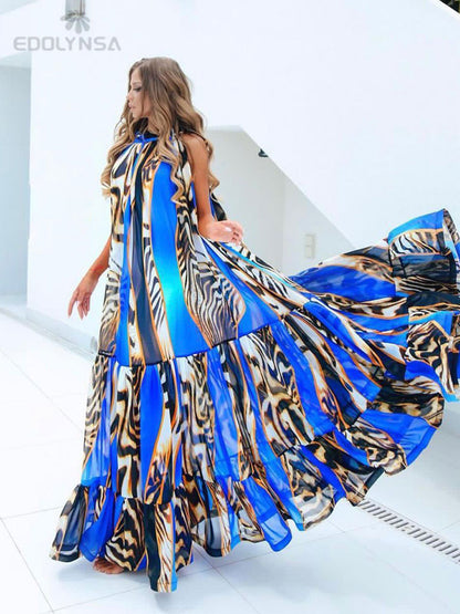 Casual Printed Loose Large Hem Dress Sexy Sleeveless Lady Beach Maxi Dress Summer Fashion Elegant Boho Dresses