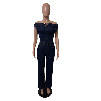Strapless jumpsuit van denim met één schouderband