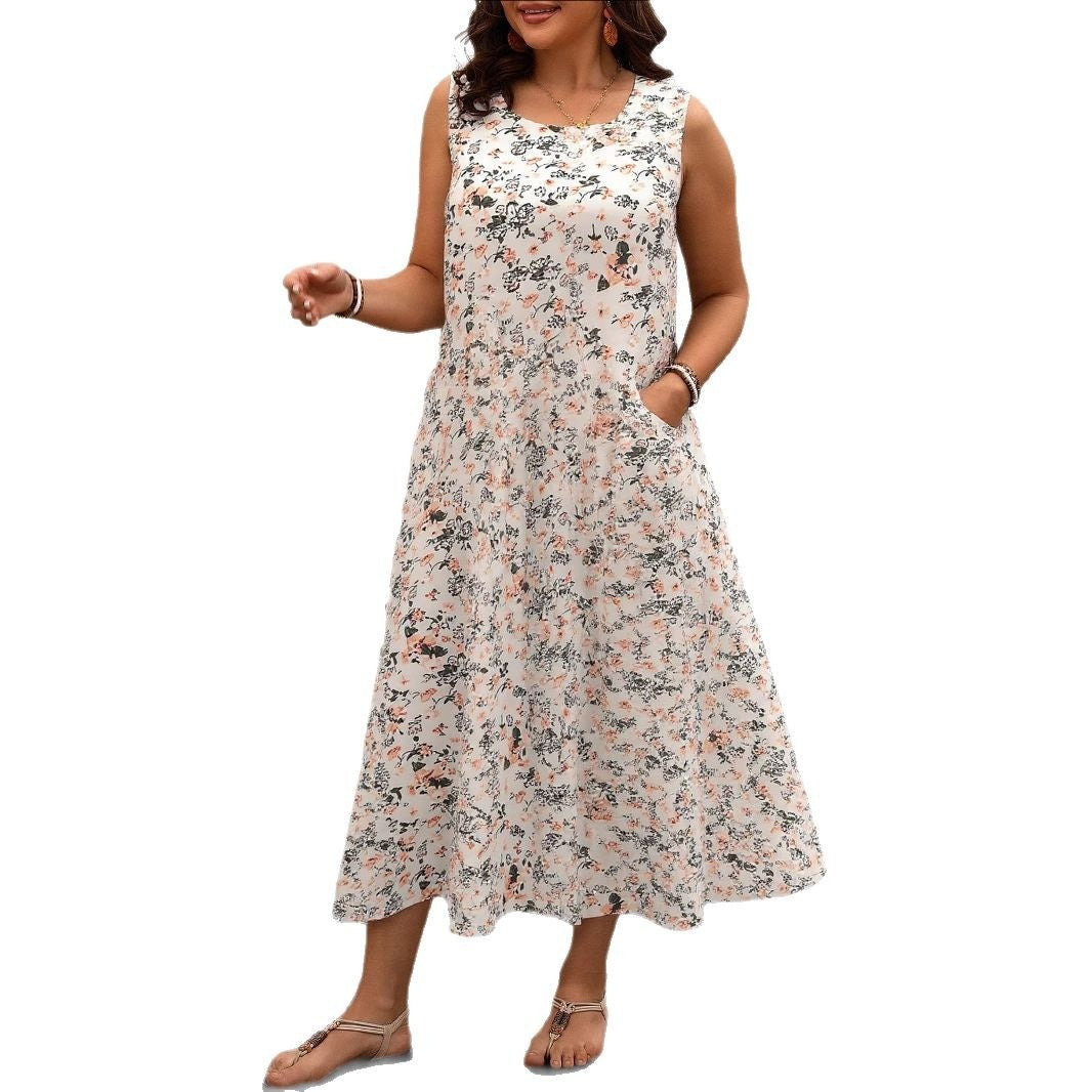 Loose Dress Style Plus Size Printed Sleeveless Strap Pocket Long Dress