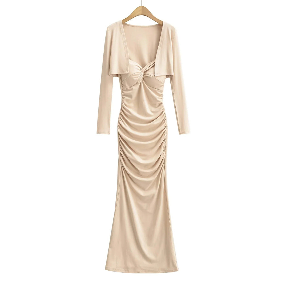 Vintage Sexy Knot Pleated Long Dress Design Slim Fit Bodycon Padded Dress with Cardigan Two-Piece Set