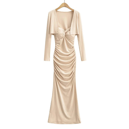 Vintage Sexy Knot Pleated Long Dress Design Slim Fit Bodycon Padded Dress with Cardigan Two-Piece Set