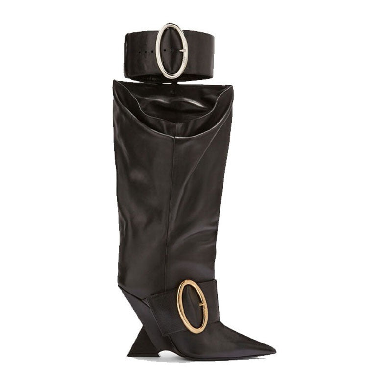 Large Boots Designer Fashion Pointed Shaped High Heels Women's Gold Belt Buckle Knee High Boots
