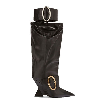 Large Boots Designer Fashion Pointed Shaped High Heels Women's Gold Belt Buckle Knee High Boots