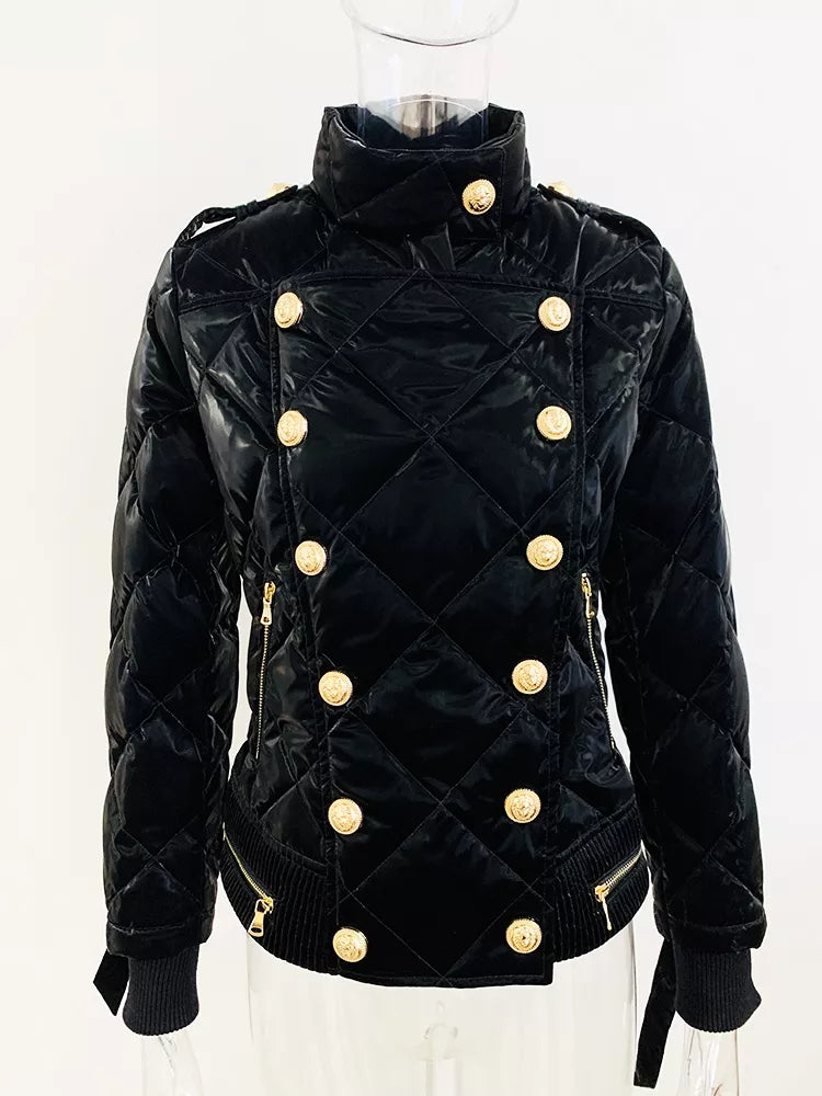 Designer donsjas voor dames met leeuwenknopen en ruitvormig stiksel
