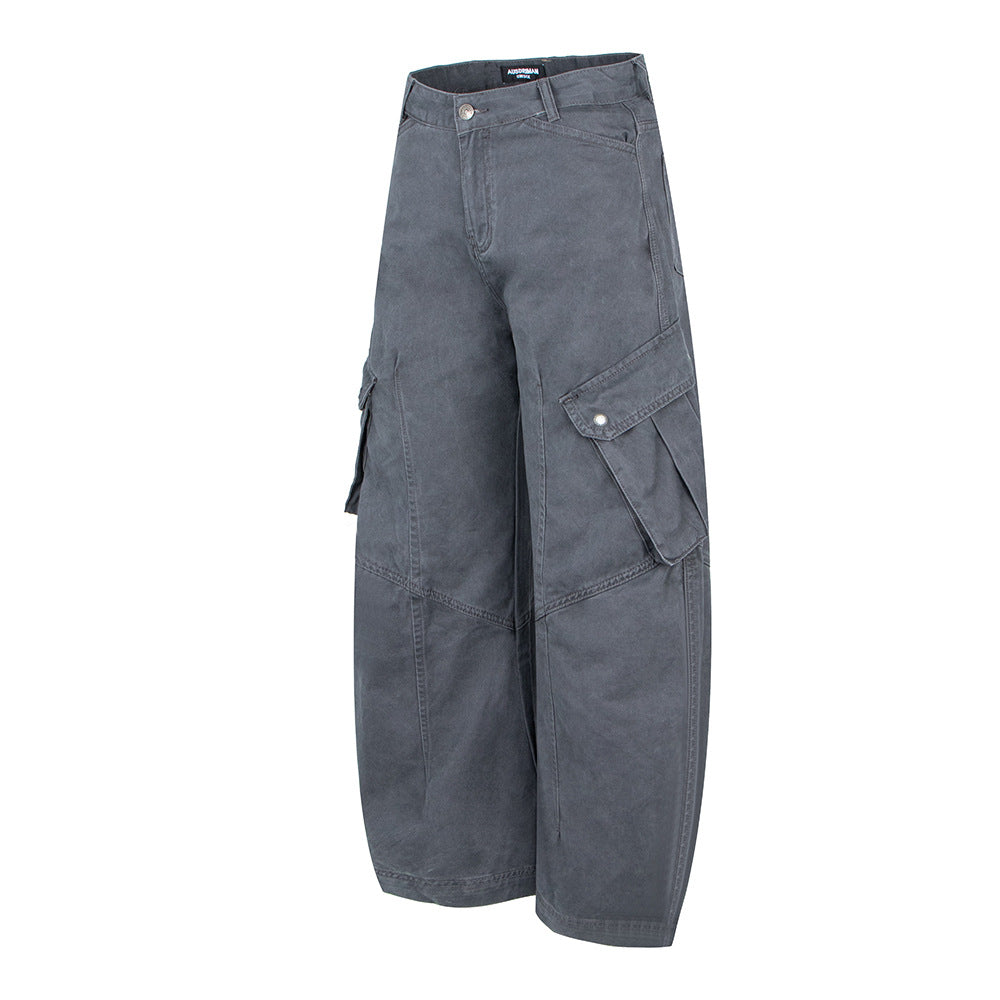 Vintage geplooide cargo broek met opgestikte zakken en wijde pijpen