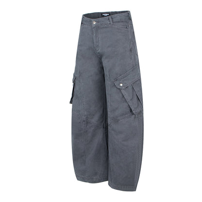 Vintage geplooide cargo broek met opgestikte zakken en wijde pijpen