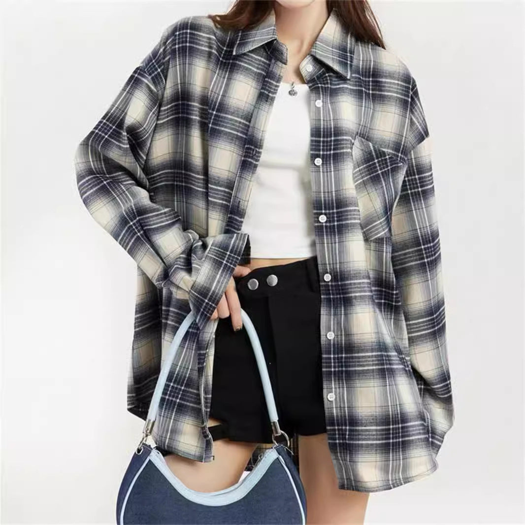 Stijlvol oversized retro geruit shirt met lange mouwen voor dames