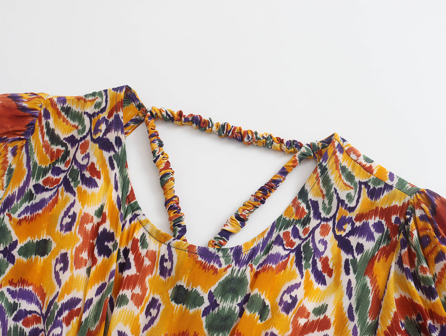 Summer New Cutout Print Puff Sleeves Open Back Long Dress