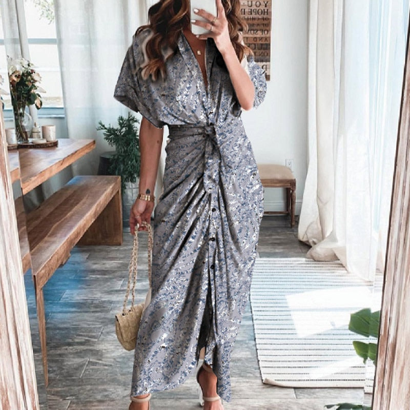 Women Summer Elegant Button Ruched Bandage Shirt Dress Fashion Casual Short Sleeve Solid V Neck Beach Maxi Dress