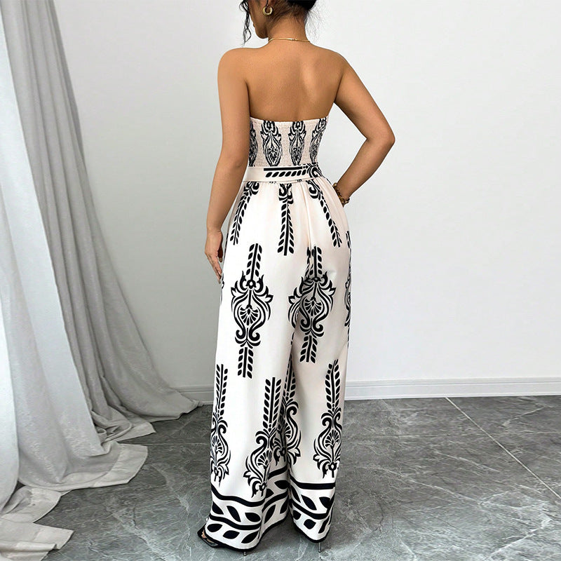Bedrukte strapless jumpsuit met wijde pijpen en ceintuur nauwsluitende pasvorm