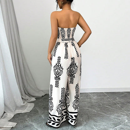 Bedrukte strapless jumpsuit met wijde pijpen en ceintuur nauwsluitende pasvorm