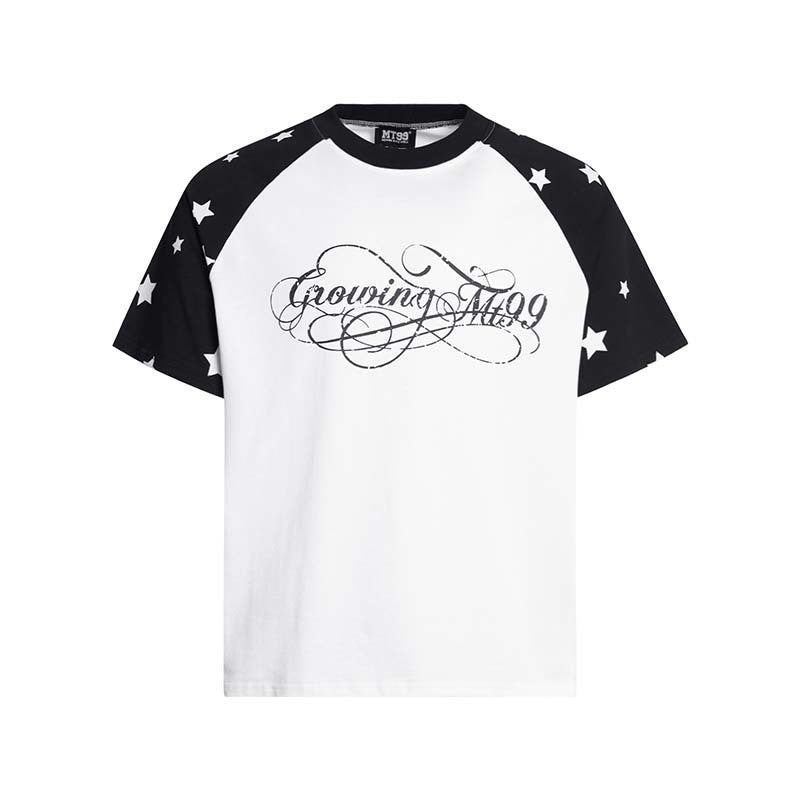 Letter print color blocking splicing round neck short sleeved shirt