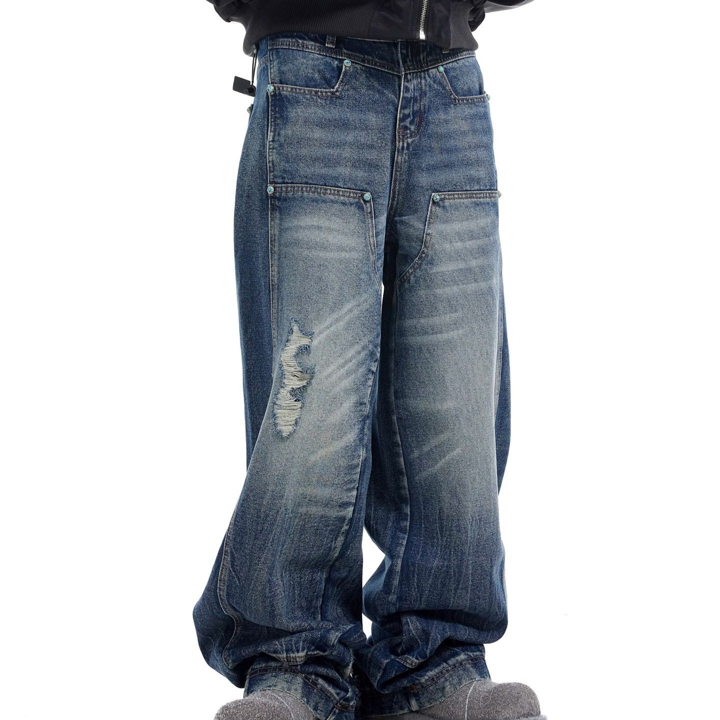 Style Unisex Water-Washed Ripple Distressed Blue Denim Pants, Patchwork Straight Leg Casual Jeans