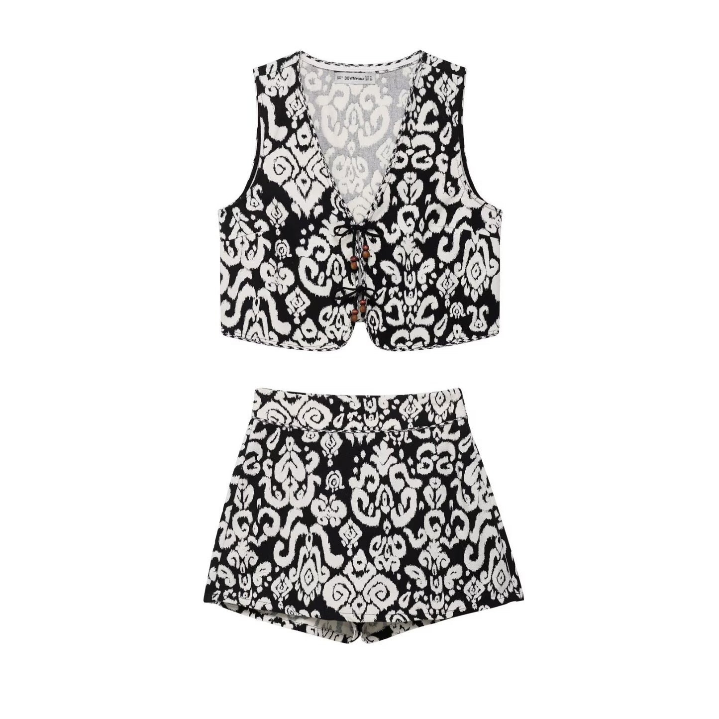 Printed vest+skirt and pants set