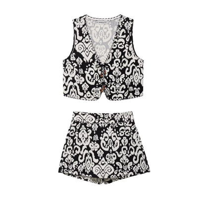 Printed vest+skirt and pants set