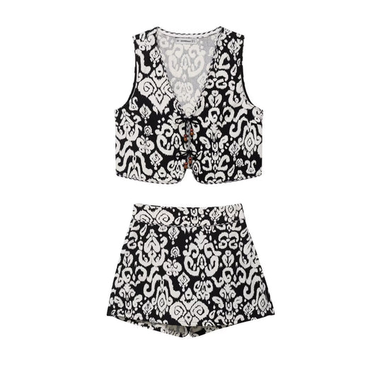 Printed vest+skirt and pants set