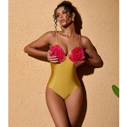 Women Swimwear Color Block 3D Flower One Piece Swimsuit and Skirt  Bikini Sets Beachwear Bathing Suit