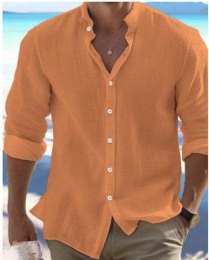 Casual Linen Button-Down Shirt for Men Long Sleeve Solid Color Stand Collar Summer Beach Wear Everyday Clothing