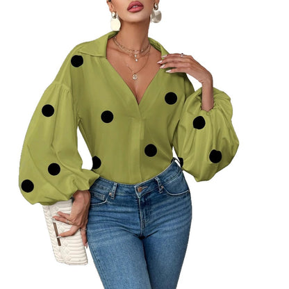 Polka Dot Half-Open Neck Loose Bubble Sleeve Long Sleeve Top