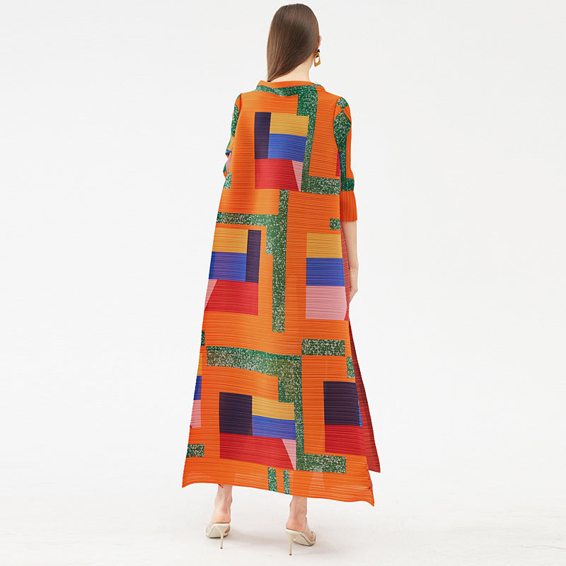Spring And Summer New Women's Square Print Long Pleated Dress
