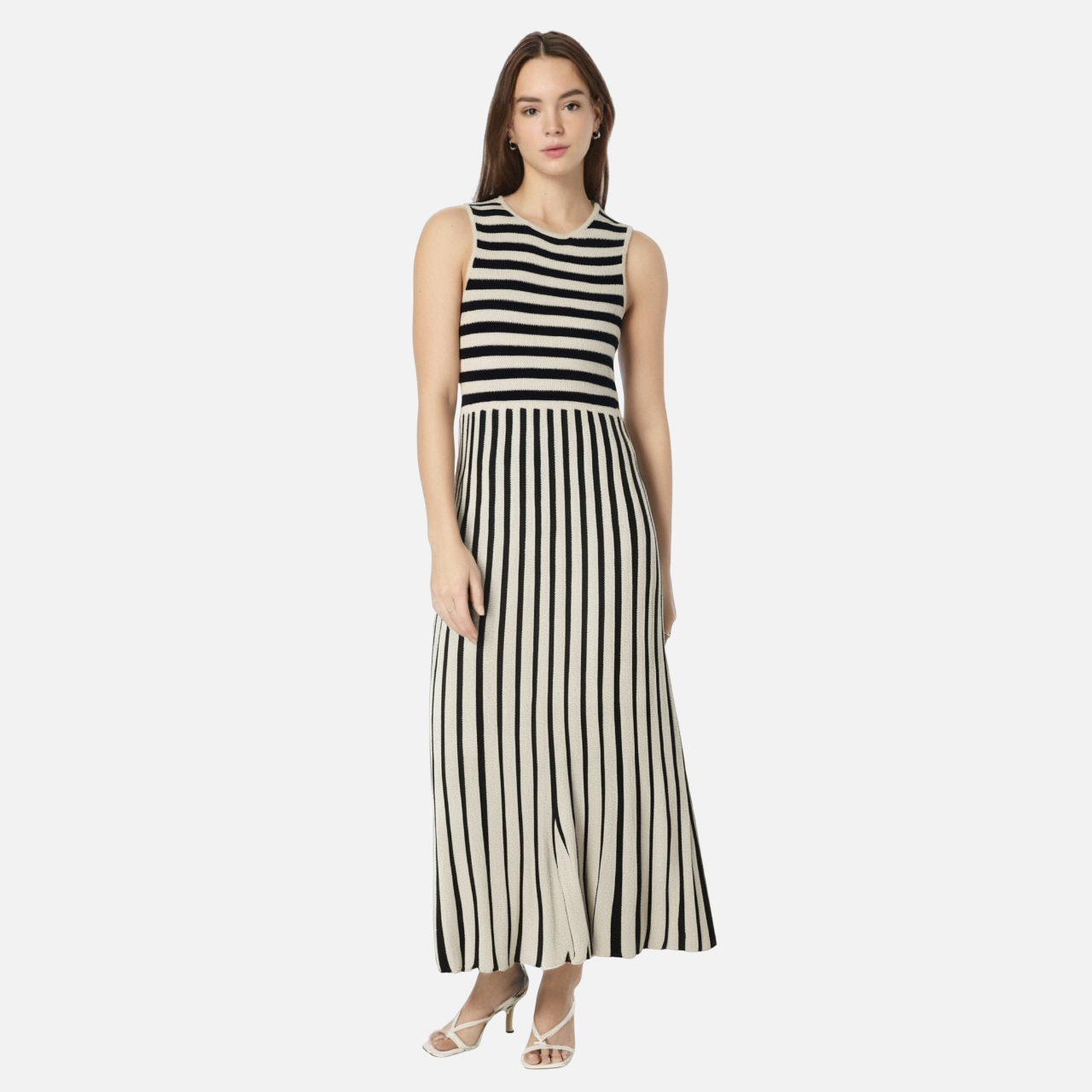 Summer Fashion Round Neck Sleeveless Striped Midi Dress for Women