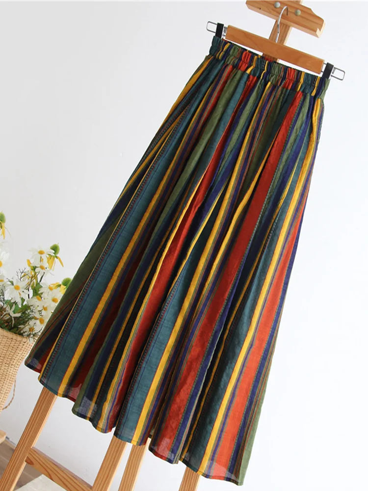 Qooth Spring Summer Women High-waisted Vertical Striped Skirts Women Chiffon Midi A-line Skirt With Big Swing
