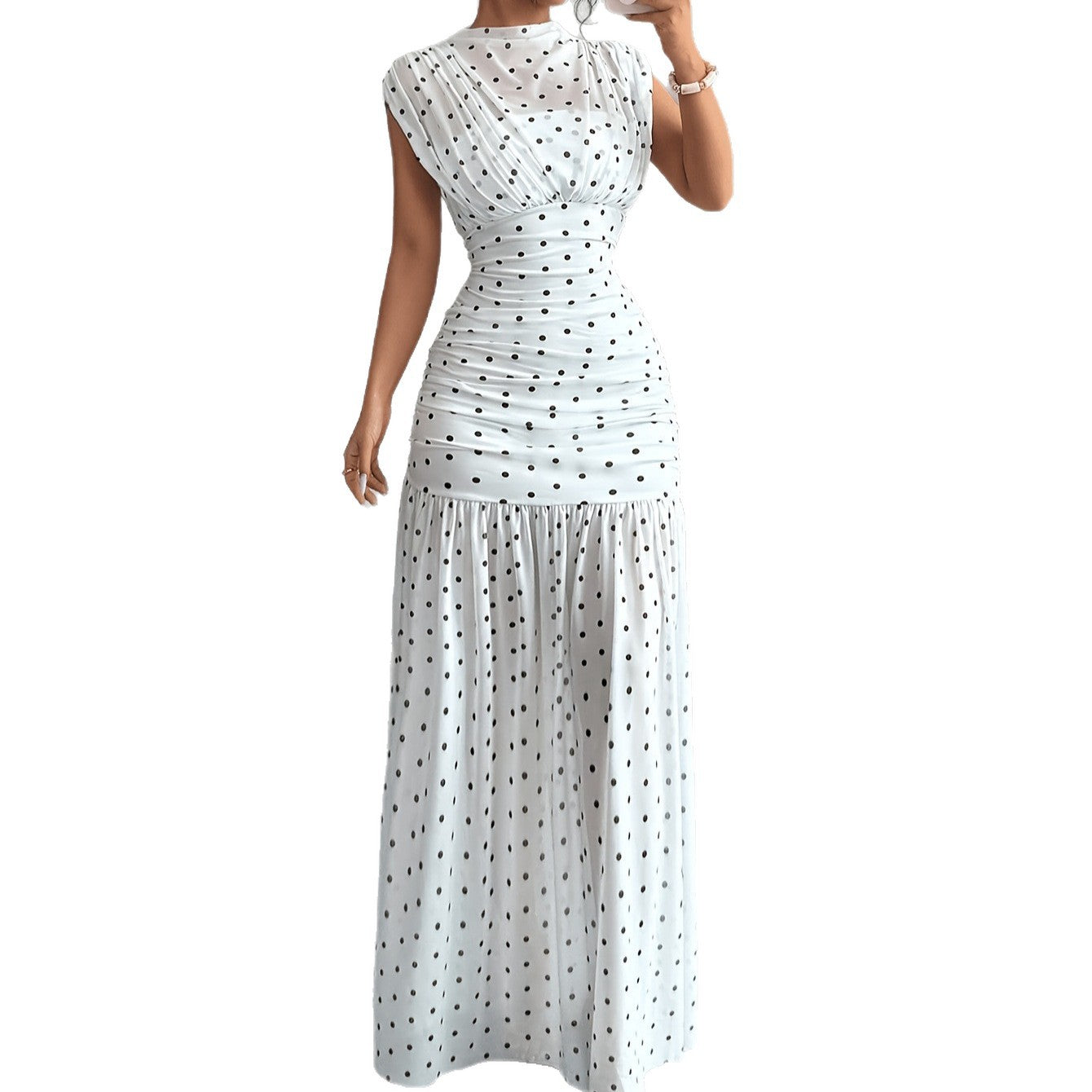 Fashionable Polka Dot Pleated Fitted Elegant Sleeveless Long Dress for Women