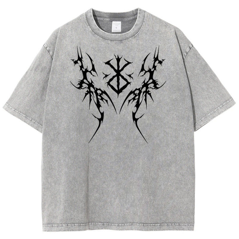 Anime BerserkPrinted T-Shirt Summer Cotton Washed Vintage Short Sleeve