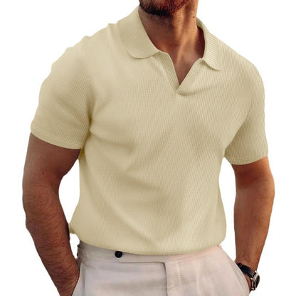 Heren zomer poloshirt met V-hals revers korte mouwen en zware wafelstructuur